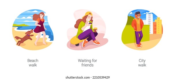 Spending time outdoors isolated cartoon vector illustration set. Teenage girl run with dog at seaside, beach walk, waiting for friends in town, walking in the city, listen to music vector cartoon.