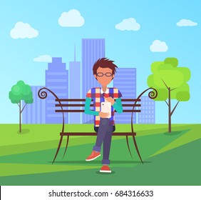 Spending time in park banner. Man in glasses watching movie on digital tablet vector illustration on background of urban city skyscrapers