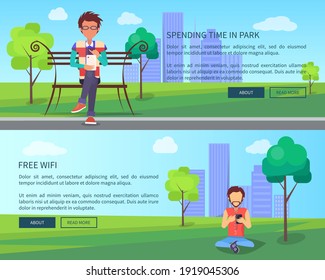 Spending time at park in free Wi-fi zone in city on background of skyscrapers web banner. People using modern computer technologies, internet addiction concept