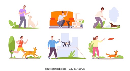 Spending time with pets. People home animals leisure, owners playing ball cat or jogging walk dog outside, active exercise relax human and happy puppy, splendid vector illustration