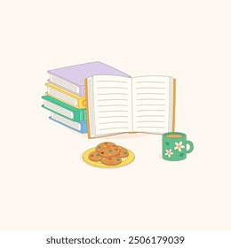 spending time reading a book with a cup of tea and cookies, vector illustration