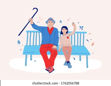 Spending time together concept. Happy grandpa and grandchild sitting on bench and talking. Active old age or retirement with kids. Pensioner and girl high five. Charity help lonely senior citizens 
