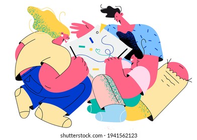 Spending time together in family, hobby and leisure concept. Happy family with child cartoon characters sitting and drawing picture on paper with colorful pencils together vector illustration 