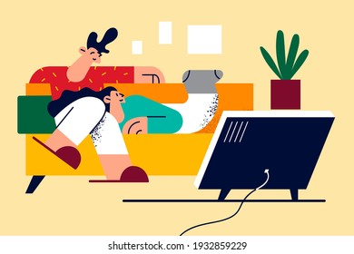 Spending time together in family, home leisure concept. Happy family husband and wife relaxing on couch watching tv enjoying home entertainment together vector illustration