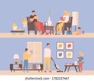 Spending time together at home vector flat illustration. Family time concept. Men and women reading books in comfortable armchairs, cleaning up apartments, vacuuming the floor.