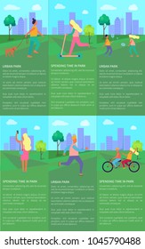 Spending time in urban park set of posters with people playing badminton, go jogging and having fun in city park. Vector illustration in summertime colors