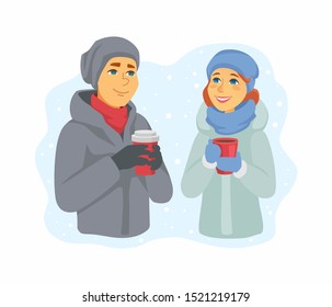 Spending winter together - modern vector cartoon people characters illustration on white background. High quality colorful composition with a cute couple, man and woman in warm clothes drinking coffee