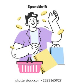 Spendthrift. Careless consumer behavior. Purchasing beyond the means. Man spending money recklessly. Marketing strategy building, commerce campaign. Flat Vector Illustration