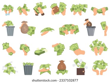 Spendthrift icons set cartoon vector. Waste bill. Marketing financial