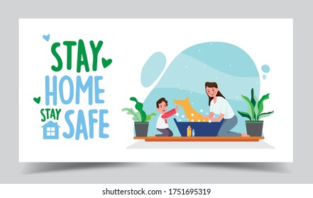Spent Time with Family Illustration. Stay Home Coronavirus. Protect Yourself and Family for Decrease Infection Risk for Prevent Virus Covid-19. Stay Home on Quarantine During Epidemic.