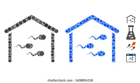 Sperm bank mosaic of circle elements in various sizes and color tones, based on sperm bank icon. Vector round elements are grouped into blue mosaic. Dotted sperm bank icon in usual and blue versions.
