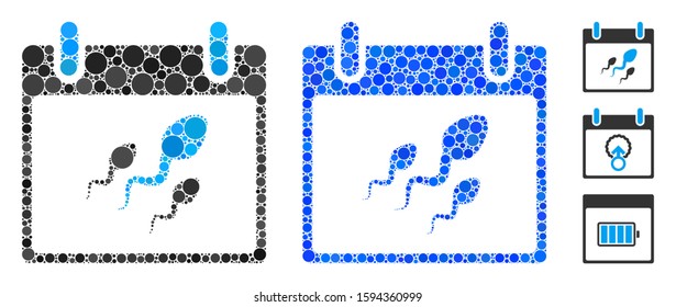 Sperm calendar day composition of spheric dots in variable sizes and color tints, based on sperm calendar day icon. Vector round dots are organized into blue composition.