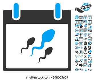 Sperm Calendar Day icon with bonus calendar and time management clip art. Vector illustration style is flat iconic symbols, blue and gray, white background.