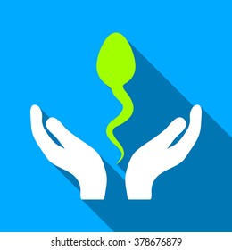 Sperm Care Hands long shadow vector icon. Style is a flat light symbol with rounded angles on a blue square background.