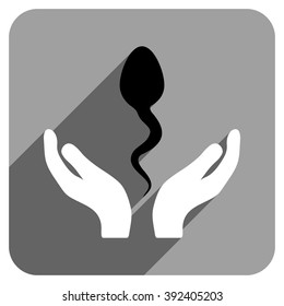 Sperm Care Hands long shadow vector icon. Style is a flat sperm care hands iconic symbol on a gray square background.