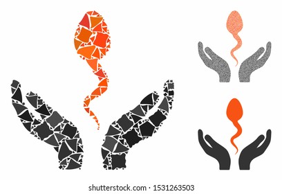 Sperm care hands mosaic of abrupt parts in different sizes and shades, based on sperm care hands icon. Vector tuberous elements are organized into mosaic.