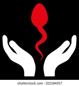Sperm Care vector icon. Style is bicolor flat symbol, red and white colors, rounded angles, black background.