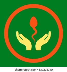 Sperm Care vector icon. Style is bicolor flat rounded symbol, orange and yellow colors, rounded angles, green background.