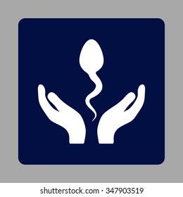 Sperm Care vector icon. Style is flat rounded square button, white and dark blue colors, silver background.
