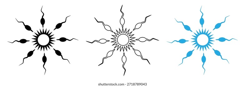 Células de espermatozoides irradiando hacia afuera en tres estilos, Ilustración de diseño plano de ícono de espermatozoides, Icono de espermatozoides plano editable, Icono de conjunto de espermatozoides Abstractas, Icono de espermatozoides y Vector de espermatozoides que se dirige hacia el óvulo