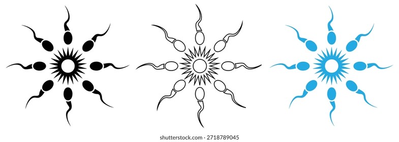 Células de espermatozoides irradiando hacia afuera en tres estilos, Ilustración de diseño plano de ícono de espermatozoides, Icono de espermatozoides plano editable, Icono de conjunto de espermatozoides Abstractas, Icono de espermatozoides y Vector de espermatozoides que se dirige hacia el óvulo