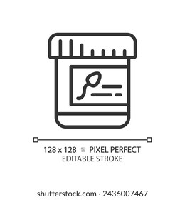 Sperm collection linear icon. Reproduction genetic material. Donor sample, test tube. DNA analysis, bioengineering. Thin line illustration. Contour symbol. Vector outline drawing. Editable stroke