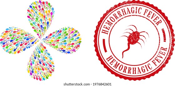Sperm colored explosion flower shape, and red round HEMORRHAGIC FEVER textured stamp. Sperm symbol inside round stamp print. Element whirlpool composed from random sperm items.