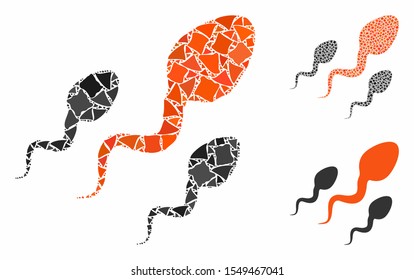 Sperm composition of raggy items in variable sizes and color hues, based on sperm icon. Vector raggy items are combined into illustration. Sperm icons collage with dotted pattern.