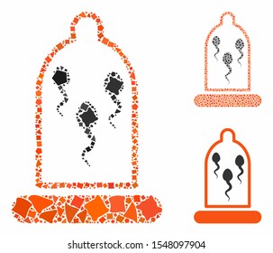 Sperm in condom composition of abrupt parts in different sizes and color tinges, based on sperm in condom icon. Vector bumpy dots are combined into composition.