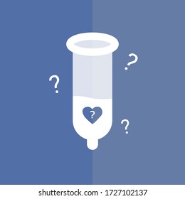 Sperm In The Condom With Confusion Heart Sign And Question Marks. Concept Of One Night Stand Sex. In Complicated Relationship.