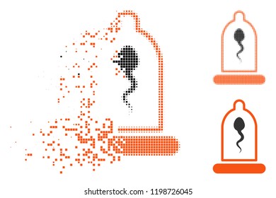 Sperm in condom icon in dissolved, dotted halftone and undamaged whole versions. Fragments are grouped into vector dissolving sperm in condom icon. Disintegration effect uses rectangular dots.