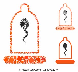 Sperm in condom mosaic of unequal items in different sizes and color tinges, based on sperm in condom icon. Vector rough items are composed into mosaic.