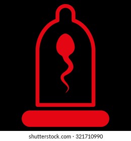 Sperm In Condom vector icon. Style is flat symbol, red color, rounded angles, black background.