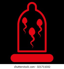 Sperm In Condom vector icon. Style is flat symbol, red color, rounded angles, black background.