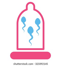 Sperm In Condom vector icon. Style is bicolor flat symbol, pink and blue colors, rounded angles, white background.