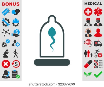 Sperm In Condom vector icon. Style is bicolor flat symbol, soft blue colors, rounded angles, white background.