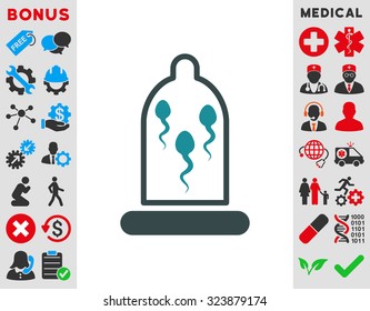 Sperm In Condom vector icon. Style is bicolor flat symbol, soft blue colors, rounded angles, white background.