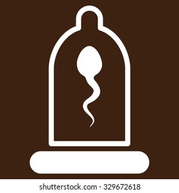 Sperm In Condom vector icon. Style is flat symbol, white color, rounded angles, brown background.