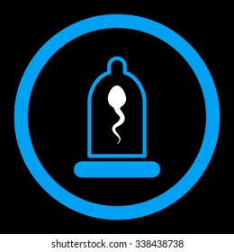 Sperm In Condom vector icon. Style is bicolor flat rounded symbol, blue and white colors, rounded angles, black background.