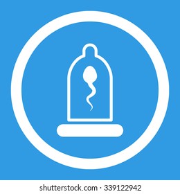 Sperm In Condom vector icon. Style is flat rounded symbol, white color, rounded angles, blue background.