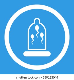 Sperm In Condom vector icon. Style is flat rounded symbol, white color, rounded angles, blue background.