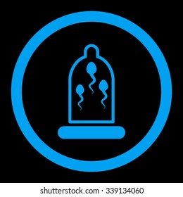 Sperm In Condom vector icon. Style is flat rounded symbol, blue color, rounded angles, black background.