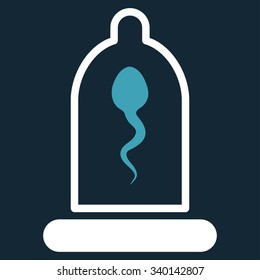 Sperm In Condom vector icon. Style is bicolor flat symbol, blue and white colors, rounded angles, dark blue background.
