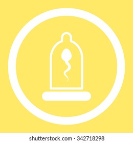 Sperm In Condom vector icon. Style is flat rounded symbol, white color, rounded angles, yellow background.