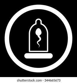 Sperm In Condom vector icon. Style is flat rounded symbol, white color, rounded angles, black background.