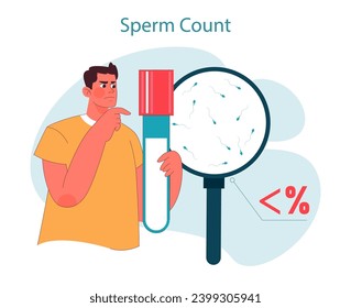 Sperm count. Concerned man evaluates his sperm count, looking at magnified sample revealing low percentage. Health and fertility check. Flat vector illustration