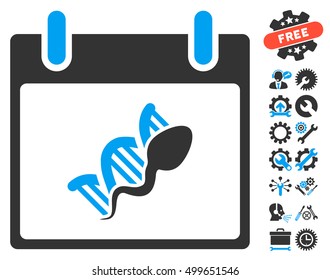 Sperm DNA Replication Calendar Day icon with bonus setup tools symbols. Vector illustration style is flat iconic symbols, blue and gray, white background.