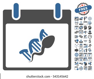 Sperm DNA Replication Calendar Day icon with bonus calendar and time management symbols. Vector illustration style is flat iconic symbols, cobalt and gray, white background.
