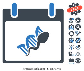 Sperm DNA Replication Calendar Day pictograph with bonus service icon set. Vector illustration style is flat iconic symbols, smooth blue, white background.