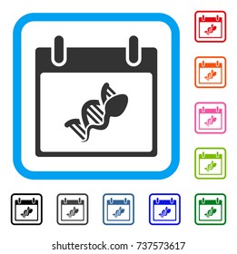 Sperm DNA Replication Calendar Day icon. Flat grey pictogram symbol in a light blue rounded rectangular frame. Black, gray, green, blue, red,